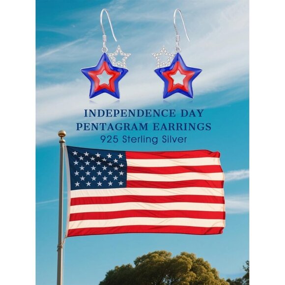 925 Sterling American Flag Independence Day Dangle Earring for Women - Picture 6 of 6